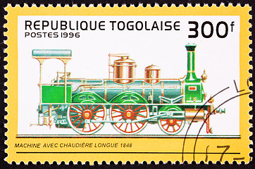 Image showing Canceled Togo Postage Stamp Old Railroad Steam Engine Long Boile