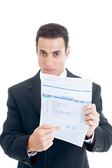 Image showing Caucasian Man Pointing at Past Due Medical Bill, Suit, Isolated 