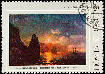 Image showing Russia Postage Stamp Painting Aivazovski Ship Sunset Rocks