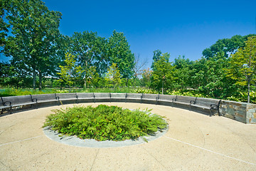 Image showing Wide Angle Curving Benches Park Outside in a Row