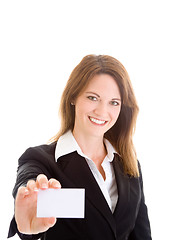 Image showing Happy Caucasian Woman Holding Blank Business Card Isolated White