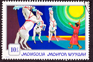 Image showing Canceled Mongolian Postage Stamp Standing Rearing Horses Perform