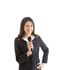 Image showing Smiling Caucasian Business Woman Holding Wireless Microphone Whi