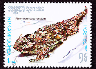 Image showing Canceled Cambodian Postage Stamp Spiney Coast Horned Lizard, Phr