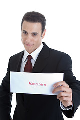 Image showing Handsome Caucasian Man Holding Envelope Foreclosed Isolated on W