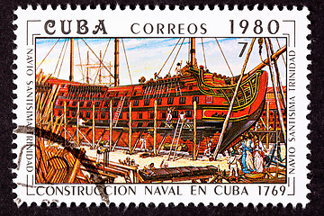 Image showing Cuba Postage Stamp SantÃ­sima Trinidad Ship of the Line Construc