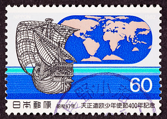 Image showing Stamp TenshÅ Embassy 1582 Sailing Ship World Map