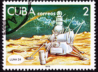 Image showing Cuban Postage Stamp Soviet Lunar Lander Luna 24, Moon Surface