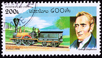 Image showing Canceled Laos Postage Stamp Railroad Steam Locomotive George Ste