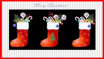 Image showing Greeting card with a Santa's boot and gifts.