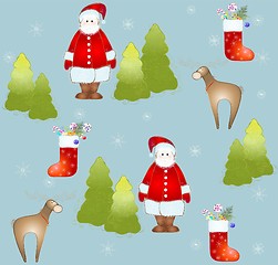 Image showing Seamless background.Illustration Santa and deer and fur-tree and snowflakes.