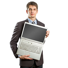 Image showing businessman with open laptop in his hands