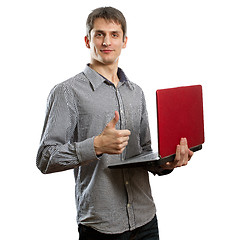 Image showing male with laptop in his hands well done