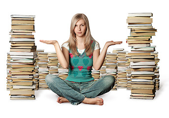 Image showing woman in lotus pose with many books near