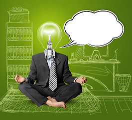 Image showing lamp-head businessman in lotus pose with speech bubble