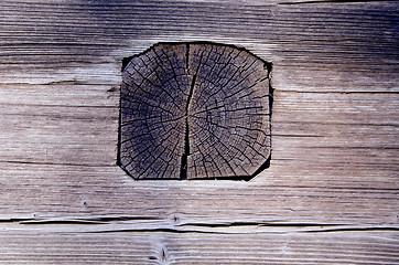 Image showing Ancient wooden house wall made of logs and planks.