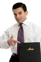 Image showing Waiter or Restauranteur with menu