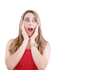 Image showing bright picture of surprised woman face over white 