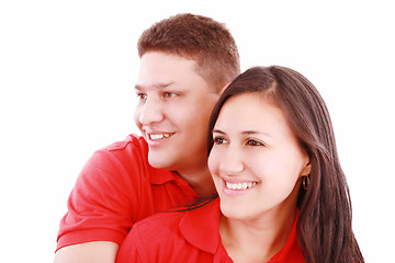 Image showing happy young couple smiling looking away, isolated on white