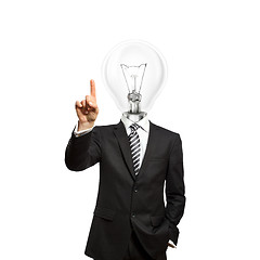 Image showing businessman with lamp-head push the button