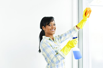 Image showing Smiling woman cleaning windows