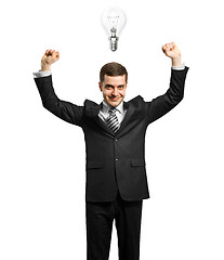 Image showing lamp-head businessman with hands up