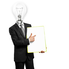 Image showing lamp head businessman with empty write board