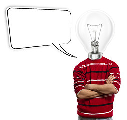 Image showing male in red and lamp-head with speech bubble