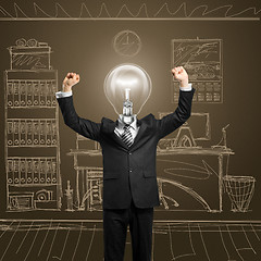 Image showing lamp-head businessman with hands up