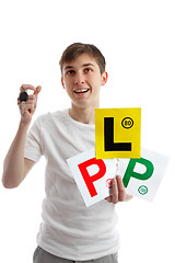 Image showing Teenager with car licence plates looking up