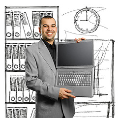 Image showing businessman with open laptop in his hands