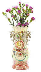 Image showing Ornate vase with pink carnations on white background