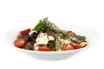 Image showing Pasta with beef and asparagus