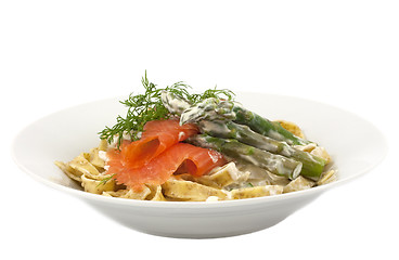 Image showing Tagliatelle with smoked trout and asparagus
