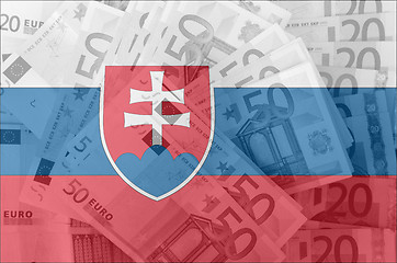 Image showing flag of Slovakia with transparent euro banknotes in background 