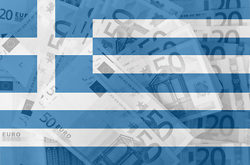 Image showing flag of Greece with transparent euro banknotes in background 