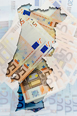 Image showing Outline map of Portugal with transparent euro banknotes in backg