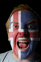 Image showing Face of crazy angry man painted in colors of iceland flag