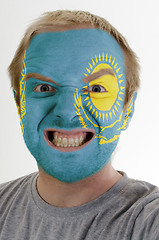 Image showing Face of crazy angry man painted in colors of kazakstan flag