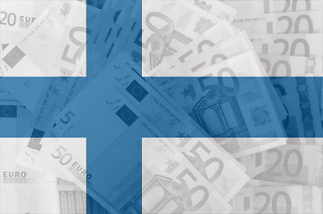 Image showing flag of Finland with transparent euro banknotes in background 