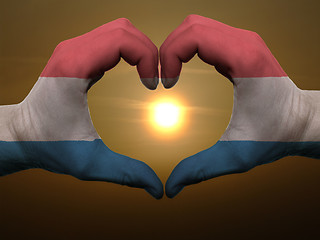 Image showing Heart and love gesture by hands colored in holland flag during b