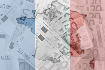 Image showing Outline map of France with transparent euro banknotes in backgro