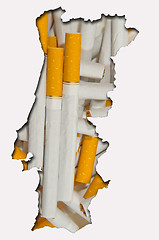 Image showing Outline map of Portugal with cigarettes in background