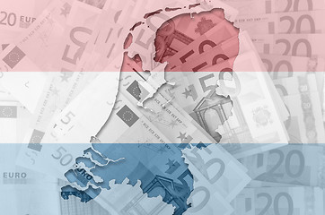 Image showing Outline map of Netherlands with transparent euro banknotes in ba