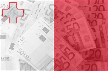 Image showing flag of Malta with transparent euro banknotes in background 