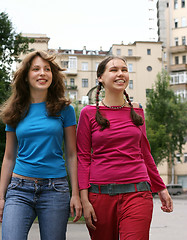 Image showing Two happy girls in a city