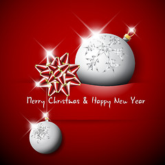 Image showing Simple vector red christmas card with bow and bauble 