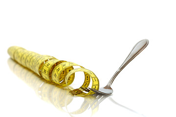 Image showing Diet concept. Fork with a centimeter tape on a white background.