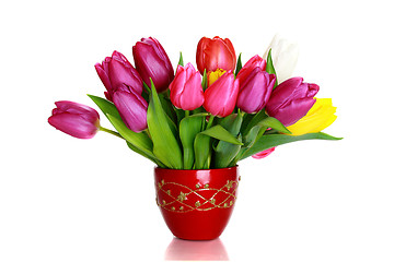 Image showing Bouquet of colorful tulips on a white background.