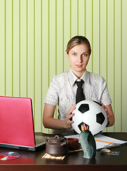 Image showing businesswoman watching soccer competitions